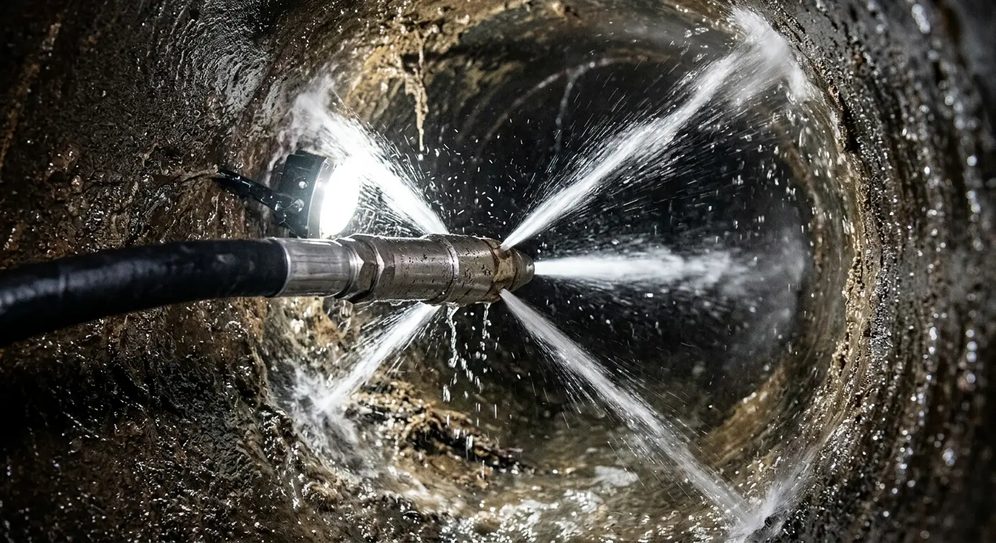 High-pressure hydro jetting nozzle cleaning sewer pipe for Emergency Drain Service in Beverly Hills