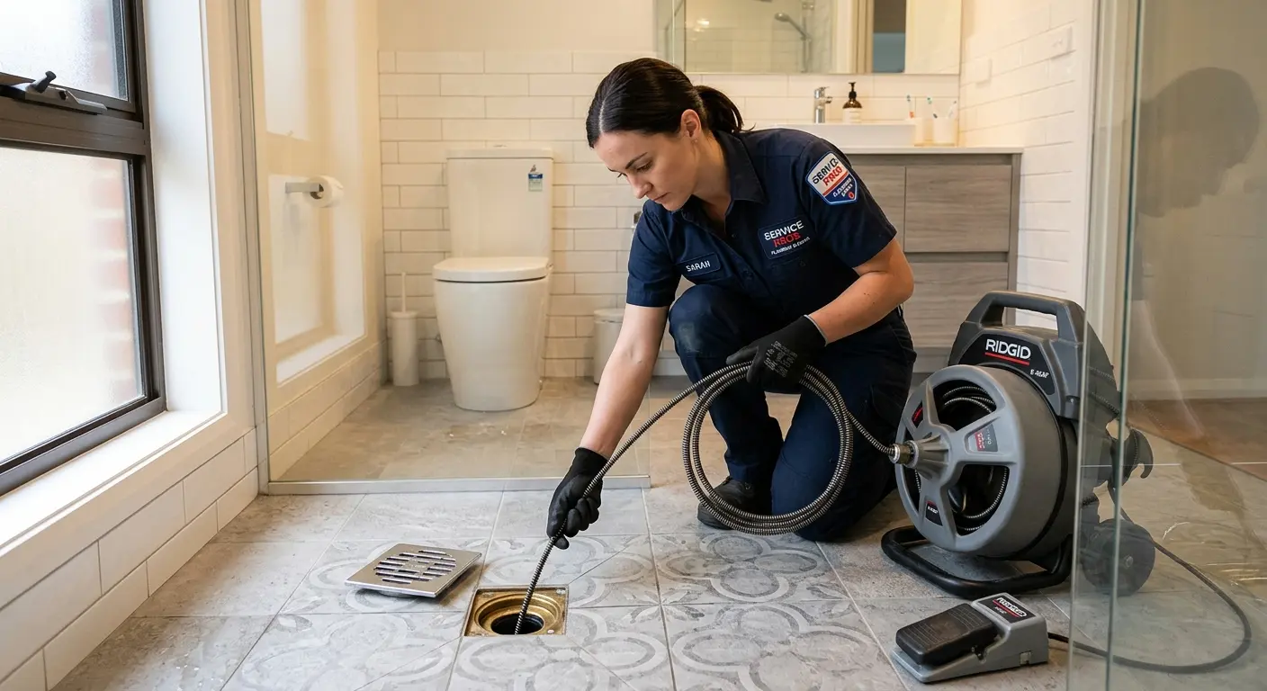Technician clearing a bathroom floor drain for Drain Repair in Beverly Hills